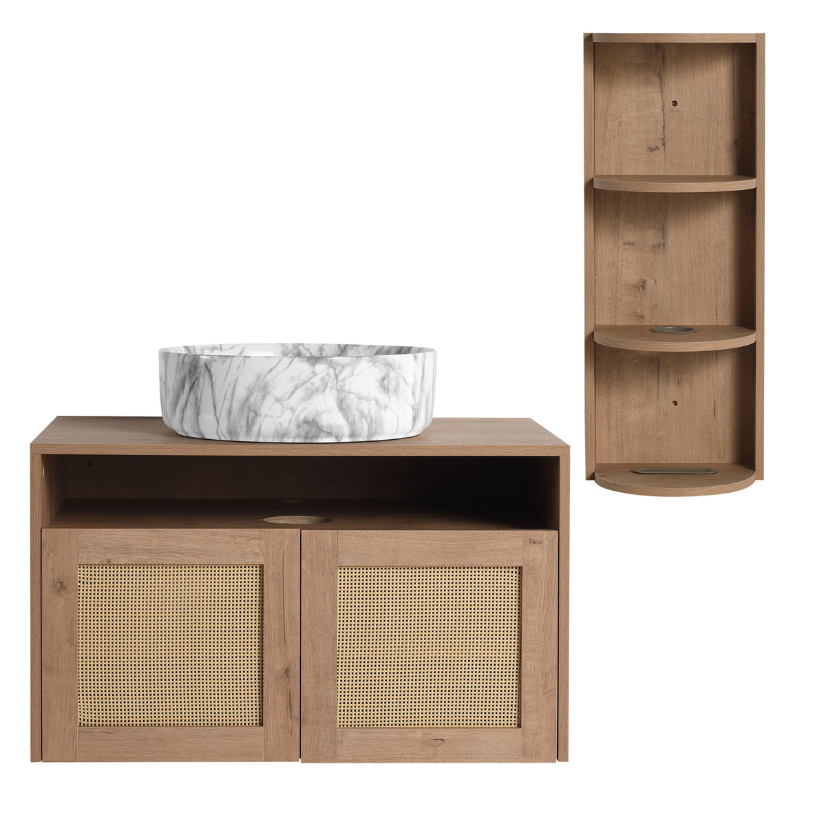 Bathroom vanity with single white marble-look vessel sink, two rattan cabinet doors, wall shelf.