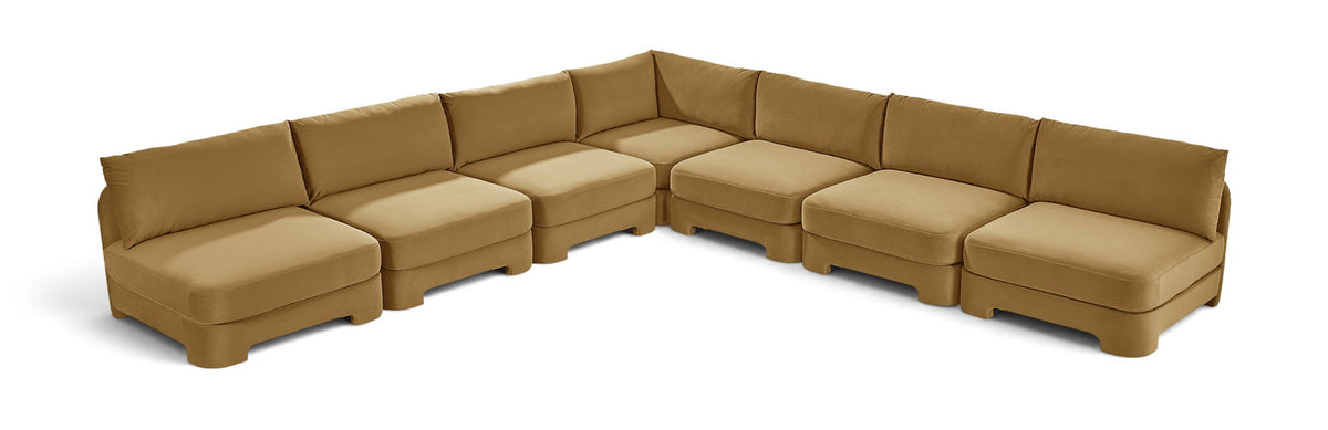 Beige armless velvet sectional sofa with ottoman-style seats, 7-piece set