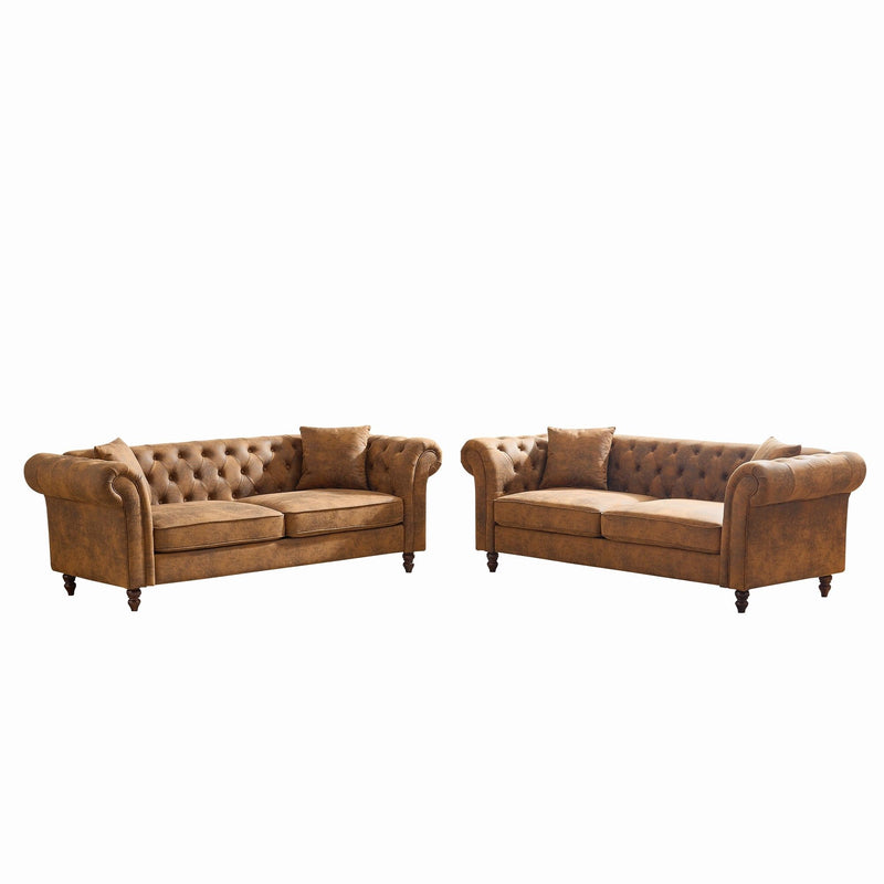 Chesterfield 3 And 3 Seater Sofa Set High Tech Fabric Roll Armrest Upholstered Couch