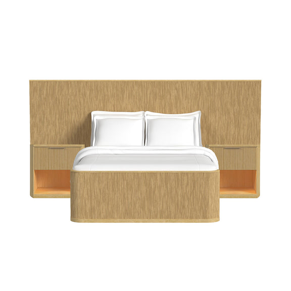 Light brown wall bed bedroom set with white bedding and side shelves integrated into the frame.