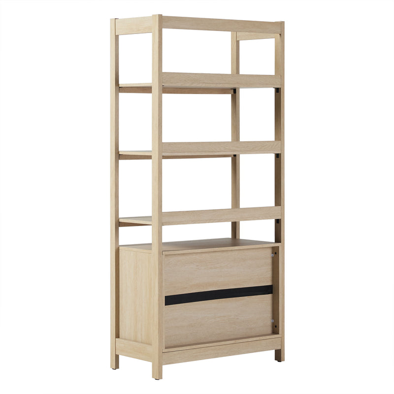 Transitional Wide Reeded Bookshelf With Drawers On Bottom