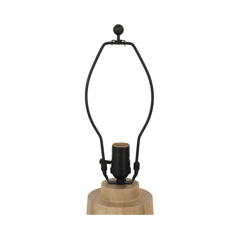 Table lamp with black wire frame and natural wood base