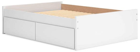 White platform bed with slatted base and two front storage drawer doors