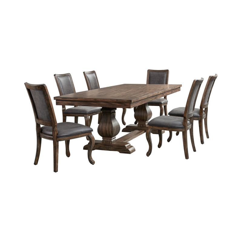 Dark brown dining table with six upholstered tufted-back chairs