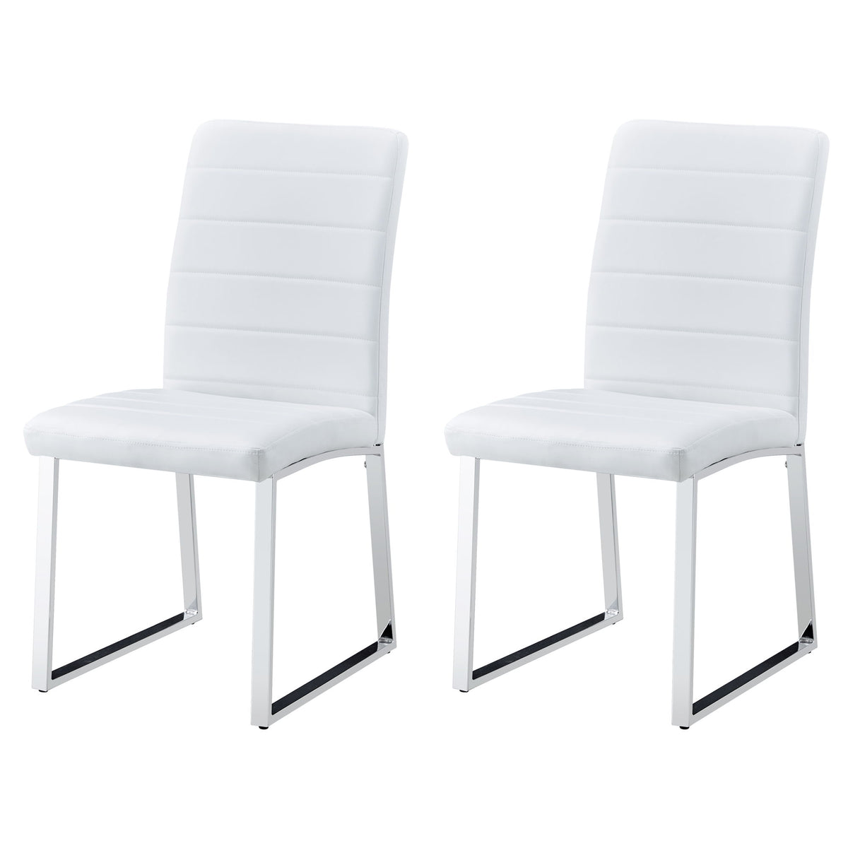 Set of two white upholstered dining chairs with curved backs, padded seats, and chrome legs