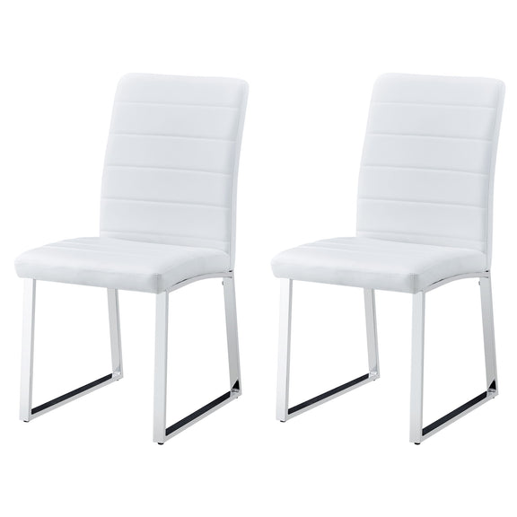 Set of two white upholstered dining chairs with curved backs, padded seats, and chrome legs