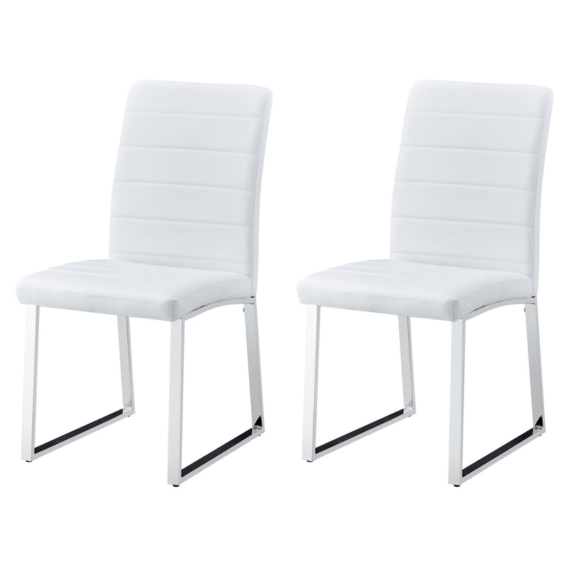 Set of two white upholstered dining chairs with curved backs, padded seats, and chrome legs
