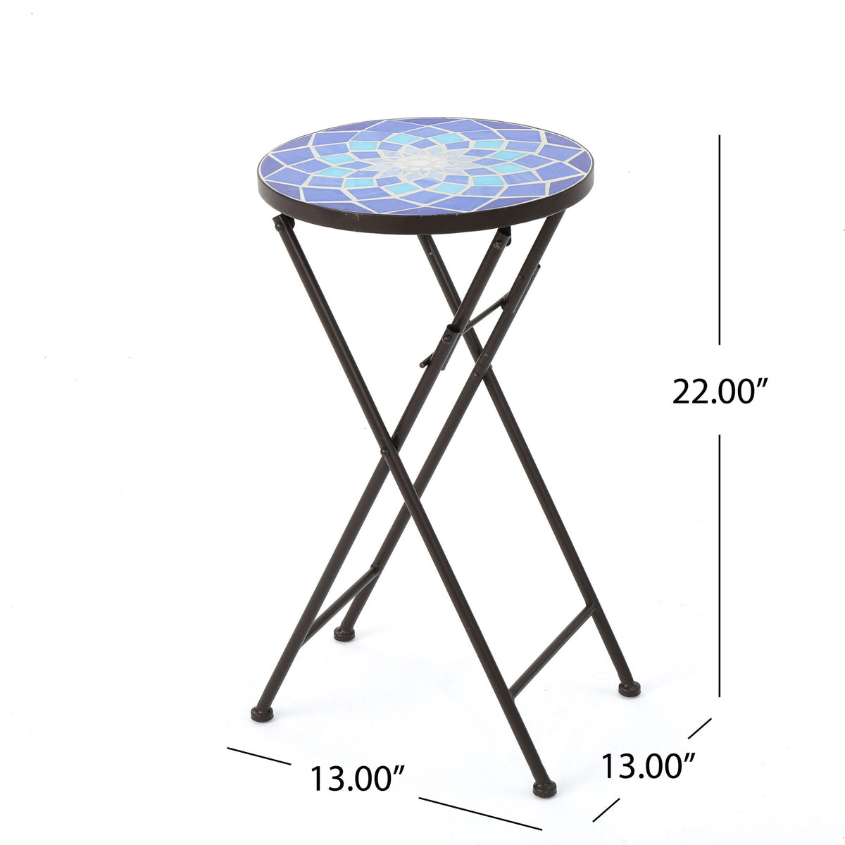 Outdoor Folding Accent Table With Glass Top And Iron Frame - White / Blue