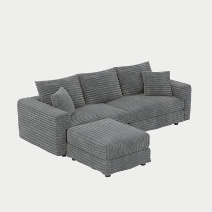 Convertible deep seat sofa with striped light gray upholstery and ottoman chaise pad