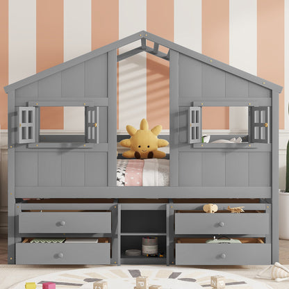 Full Size House Loft Bed with Roof, Windows,4 Storage Drawers, Pine Wooden Bed with Safety Guardrails, Ladder, Grey