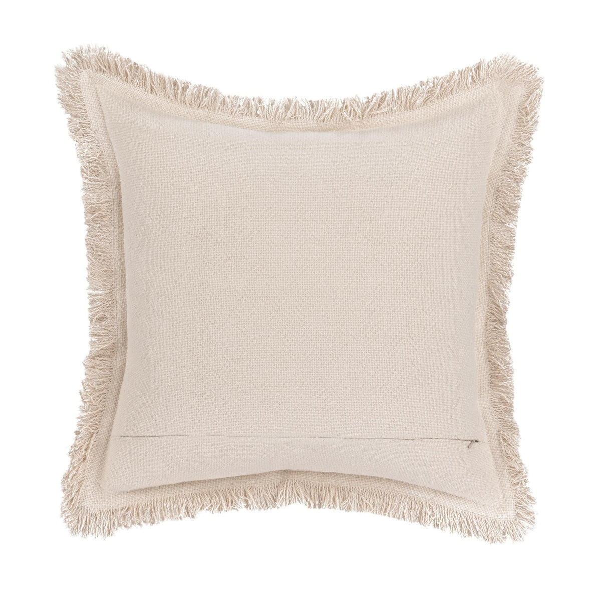 Ivory square throw pillow with woven fabric and fringed edges