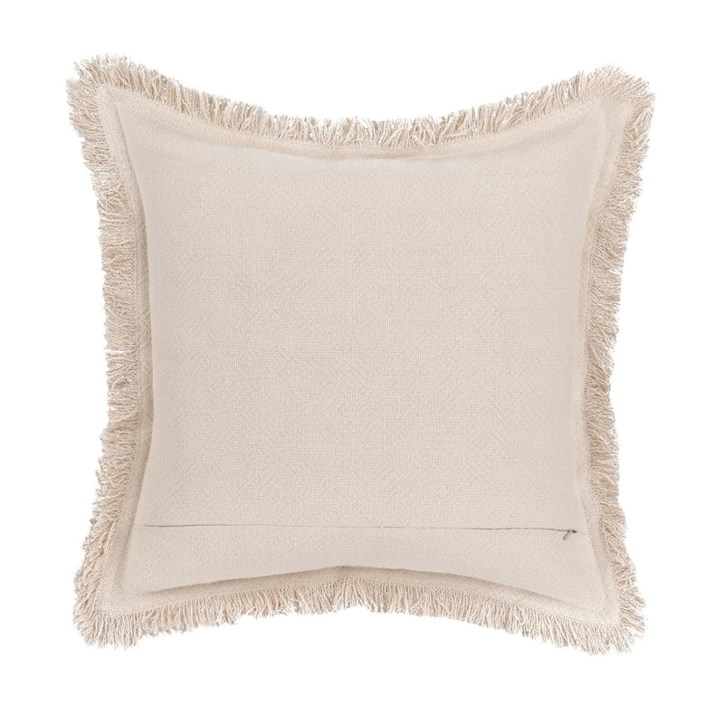 Ivory square throw pillow with woven fabric and fringed edges