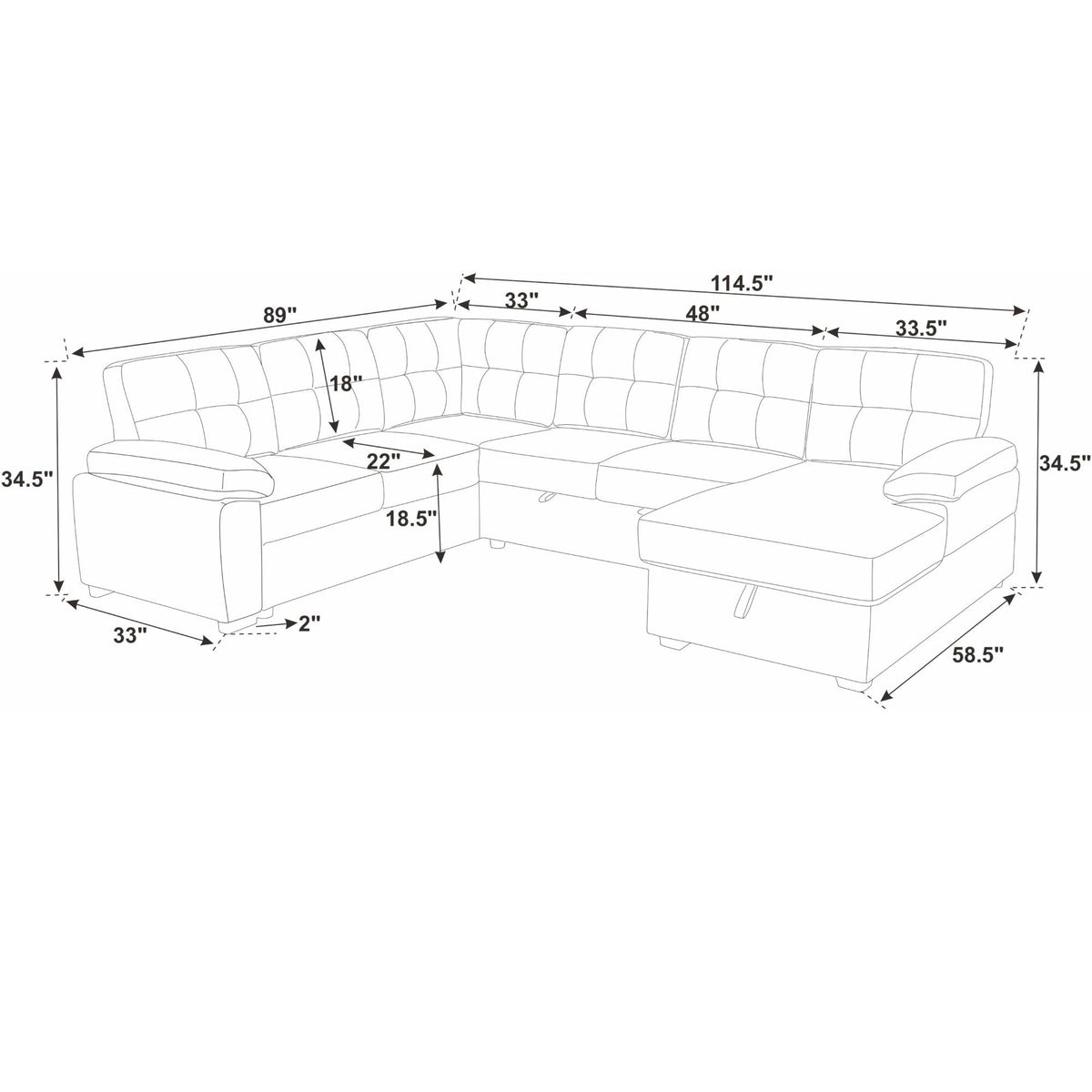 Sofa dimension line drawing: U-shaped sectional sleeper with pull-out bed and chaise storage