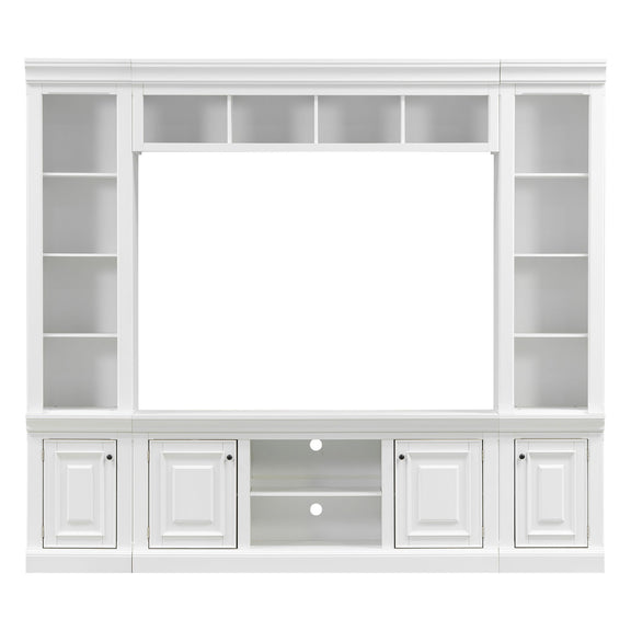 White TV stand hutch with open side shelves and cabinet doors below, centered large opening