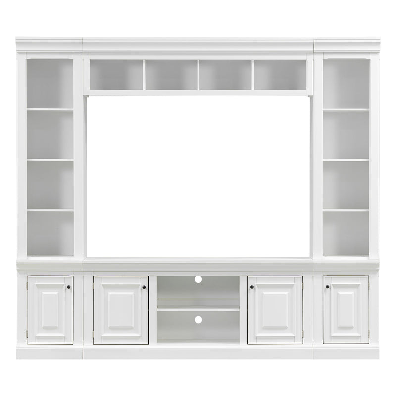 White TV stand hutch with open side shelves and cabinet doors below, centered large opening