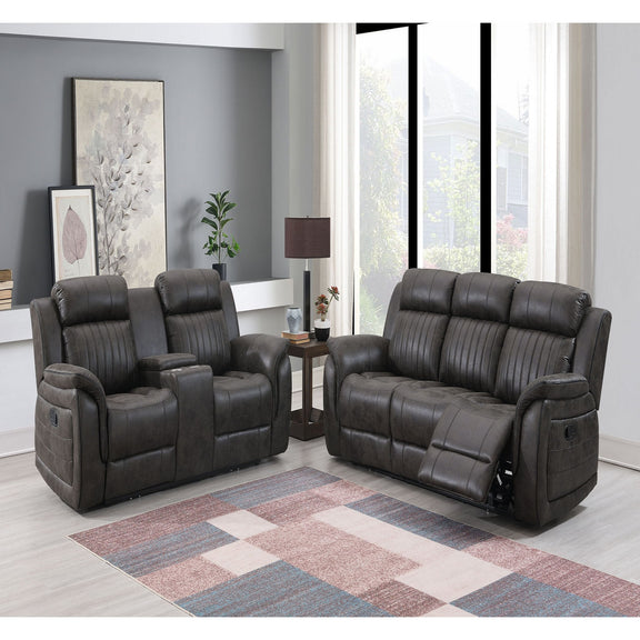 Dark gray reclining sofa with padded arms and recline back; two-piece set