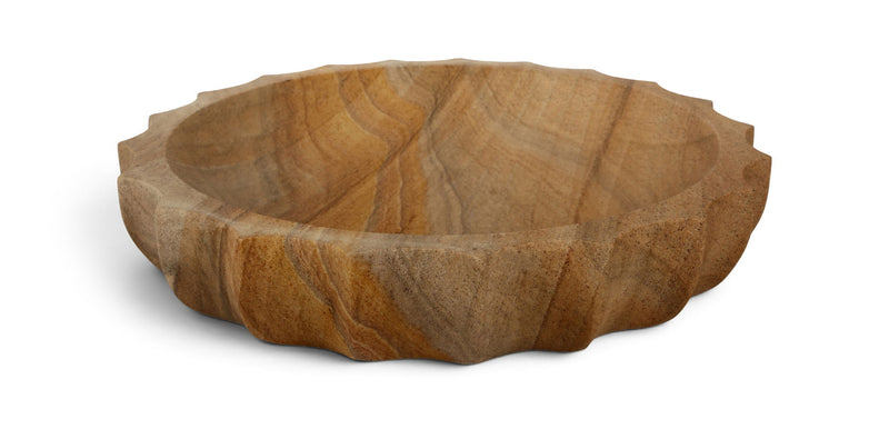 Sandstone serving bowl with natural swirl grain, shallow round shape