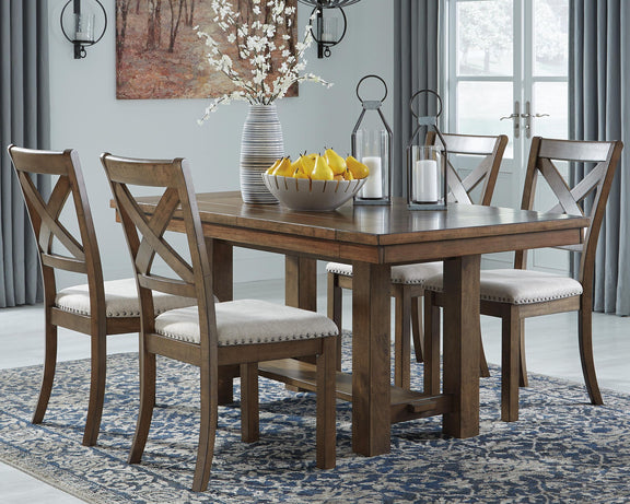 Rectangular dining extension table with dark gray-brown finish and four upholstered chairs