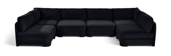 Black velvet performance sectional sofa, U-shaped armless 6-piece layout