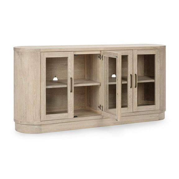 Cream washed 4-door buffet cabinet with doors open, revealing interior display shelves