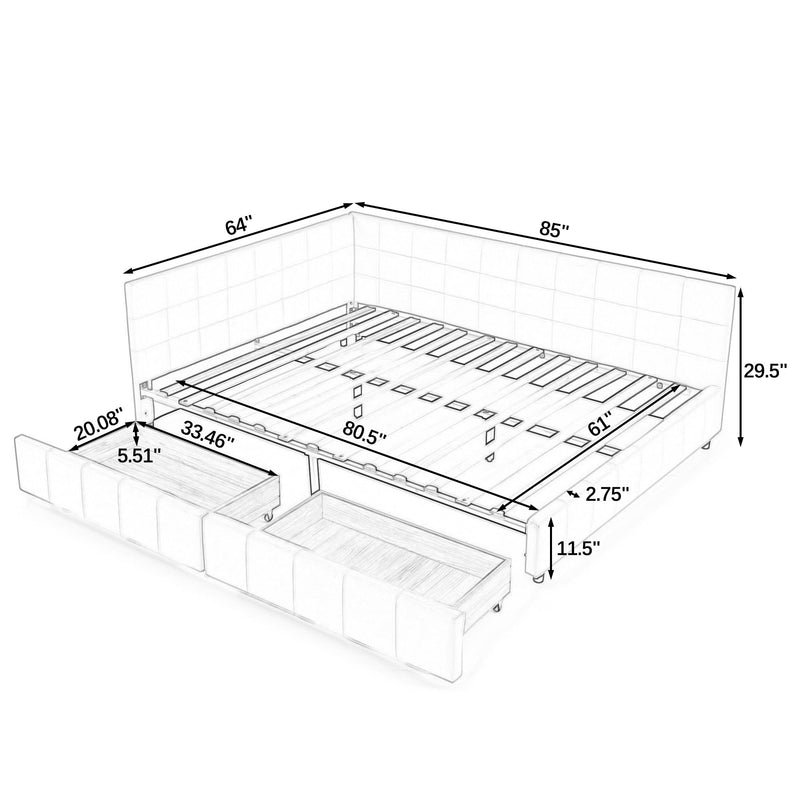 Bed frame size diagram showing tufted backrest, armrests, and 2 storage drawers