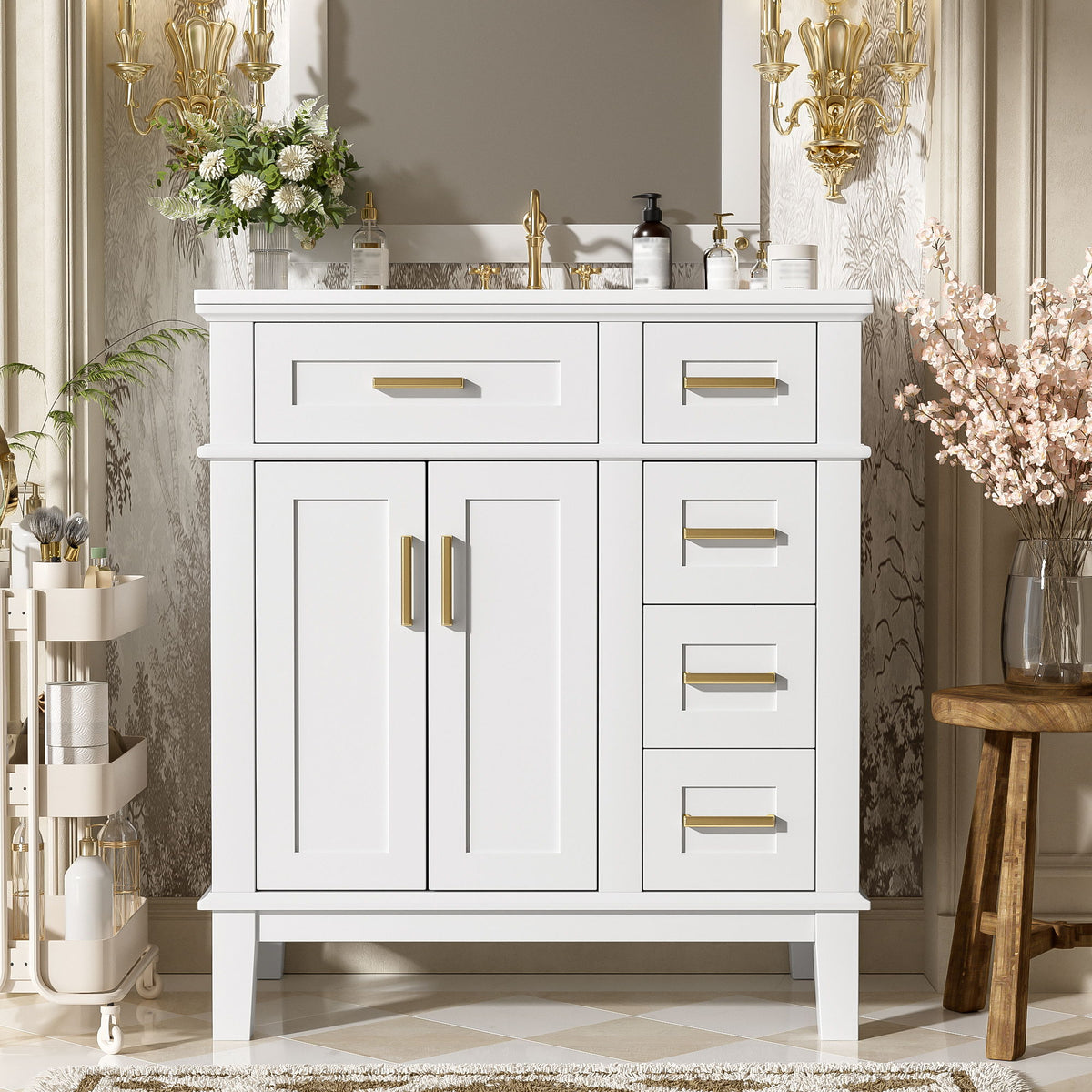 White bathroom vanity with sink top, drawers and cabinet doors