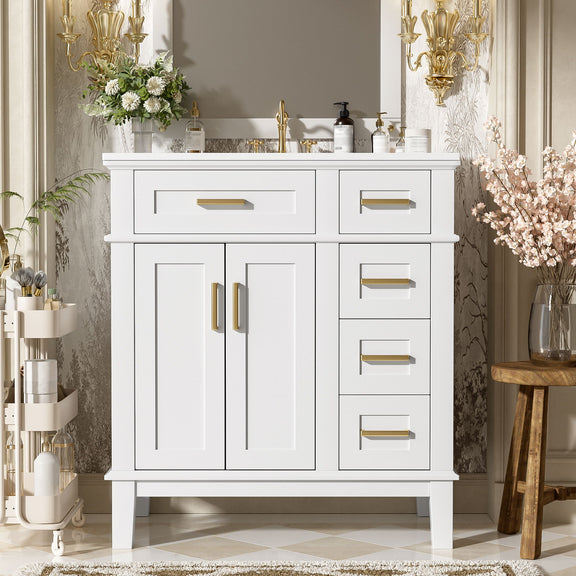 White bathroom vanity with sink top, drawers and cabinet doors