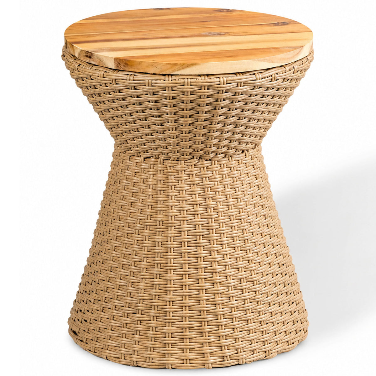 Woven wicker stool with round lid; tan-brown weave and light wood-tone top