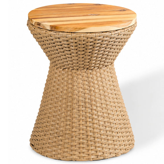 Woven wicker stool with round lid; tan-brown weave and light wood-tone top