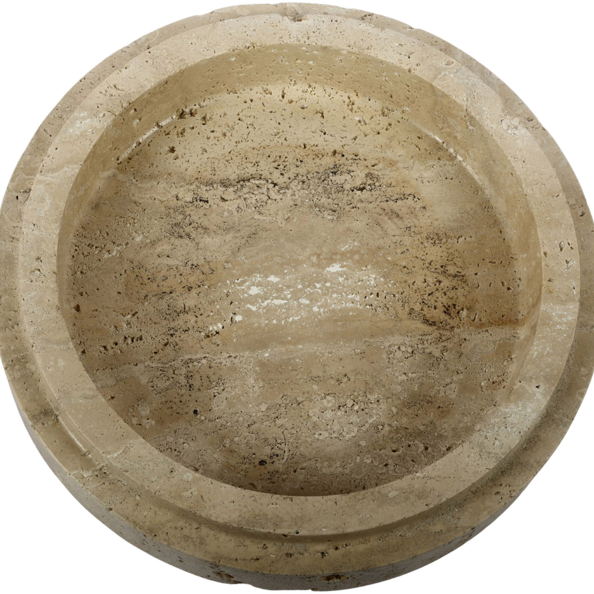 Travertine bowl by Parsons, beige stone with speckled finish and circular rim
