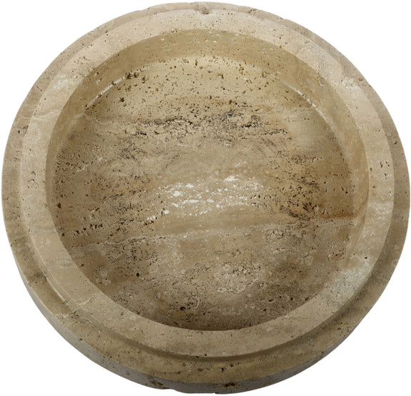 Travertine bowl by Parsons, beige stone with speckled finish and circular rim