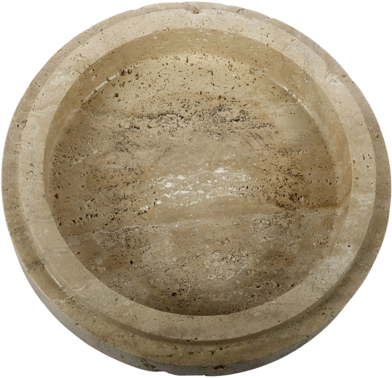 Travertine bowl by Parsons, beige stone with speckled finish and circular rim