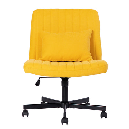 Yellow office chair with tufted back, cushioned seat, matching pillow, black caster base