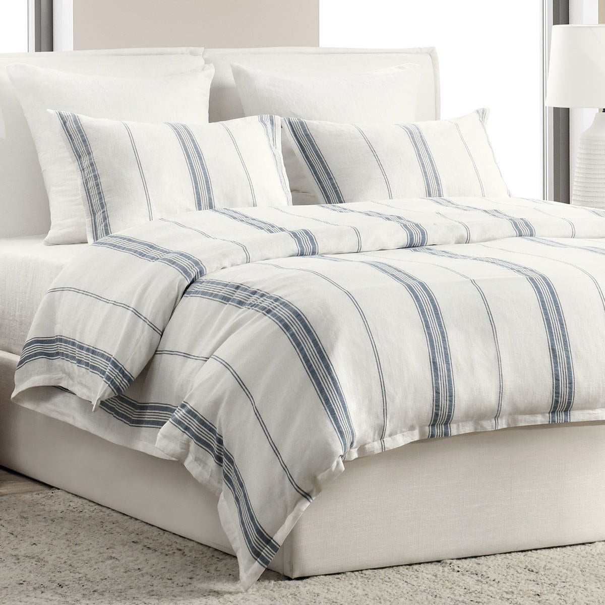 Jayson linen cashmere sham in white with light blue stripe pattern, square pillow