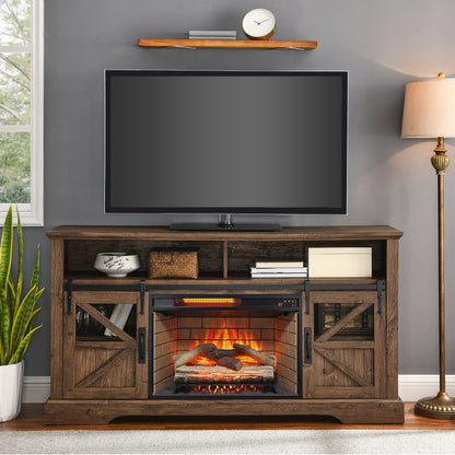 60 Inch Electric Fireplace Entertainment Center With Door Sensor-Reclaimed Barnwood Color, Farmhouse