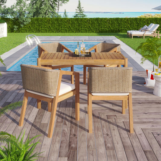 Outdoor Dining Set 1 Table 4 Chairs (Set of 5) - Teak / Beige