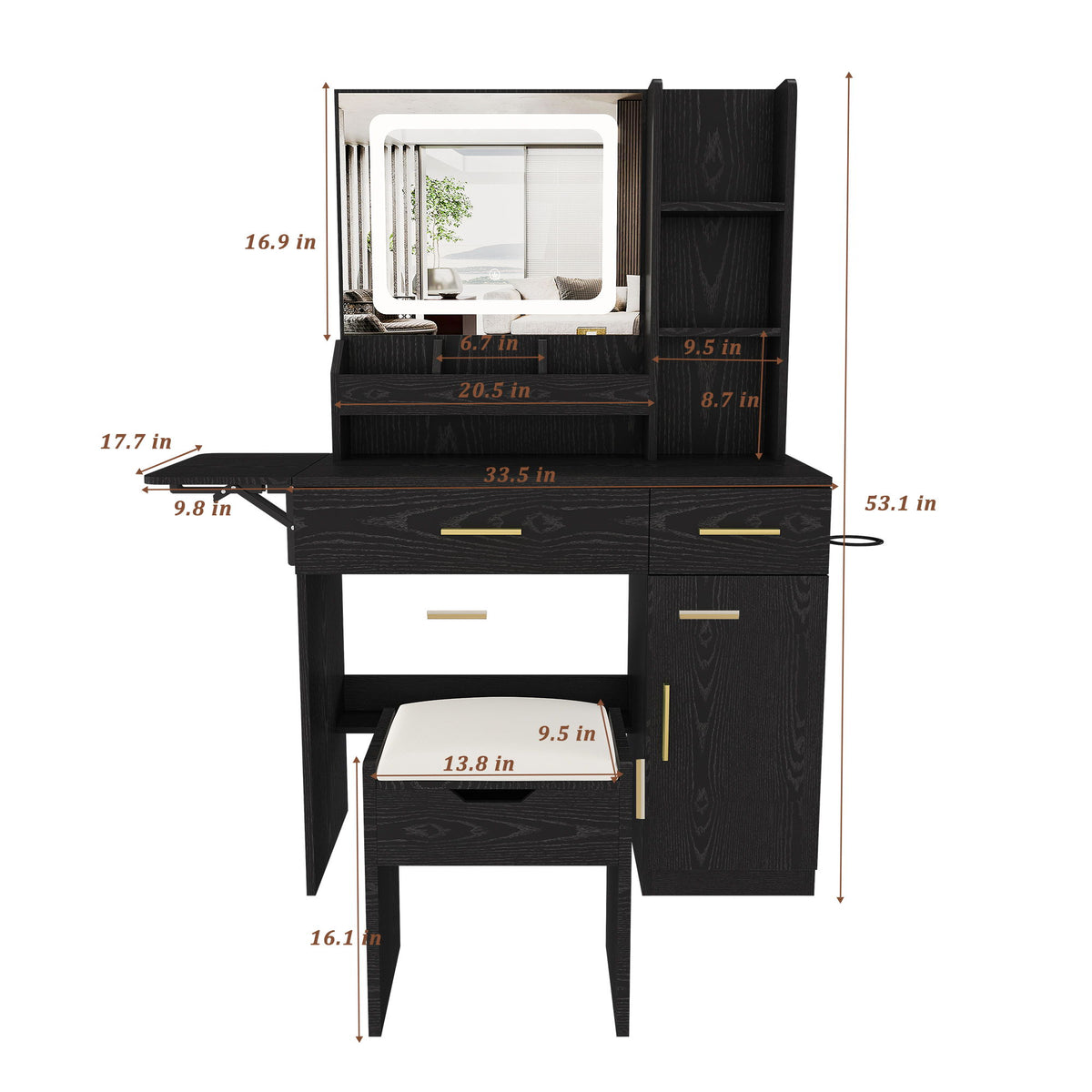Black vanity desk with LED mirror and stool, shown with product dimensions