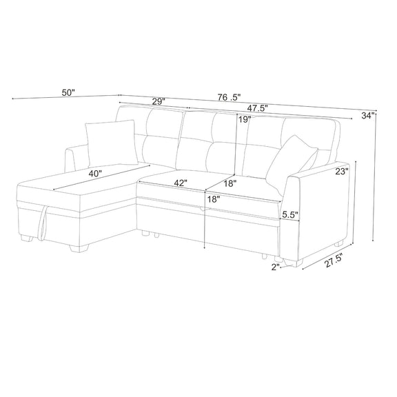 Upholstered sectional sofa layout with pull-out bed and chaise dimensions diagram