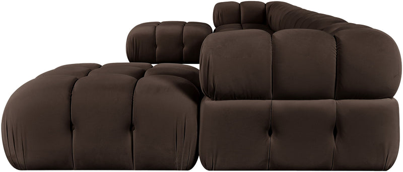 7-piece modular sectional sofa in dark brown with padded corner and ottoman modules