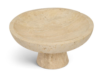 Beige travertine round bowl on pedestal base, speckled stone texture
