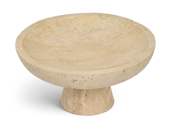 Beige travertine round bowl on pedestal base, speckled stone texture