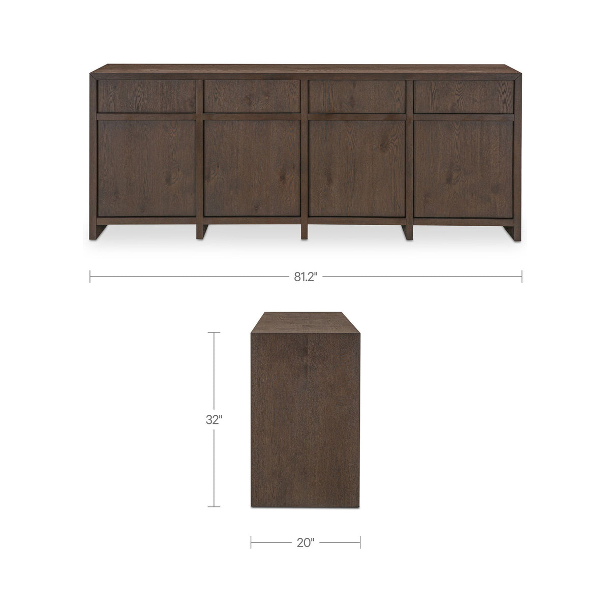 Brown sideboard with doors and drawers; 81.2 in wide and 32 in tall