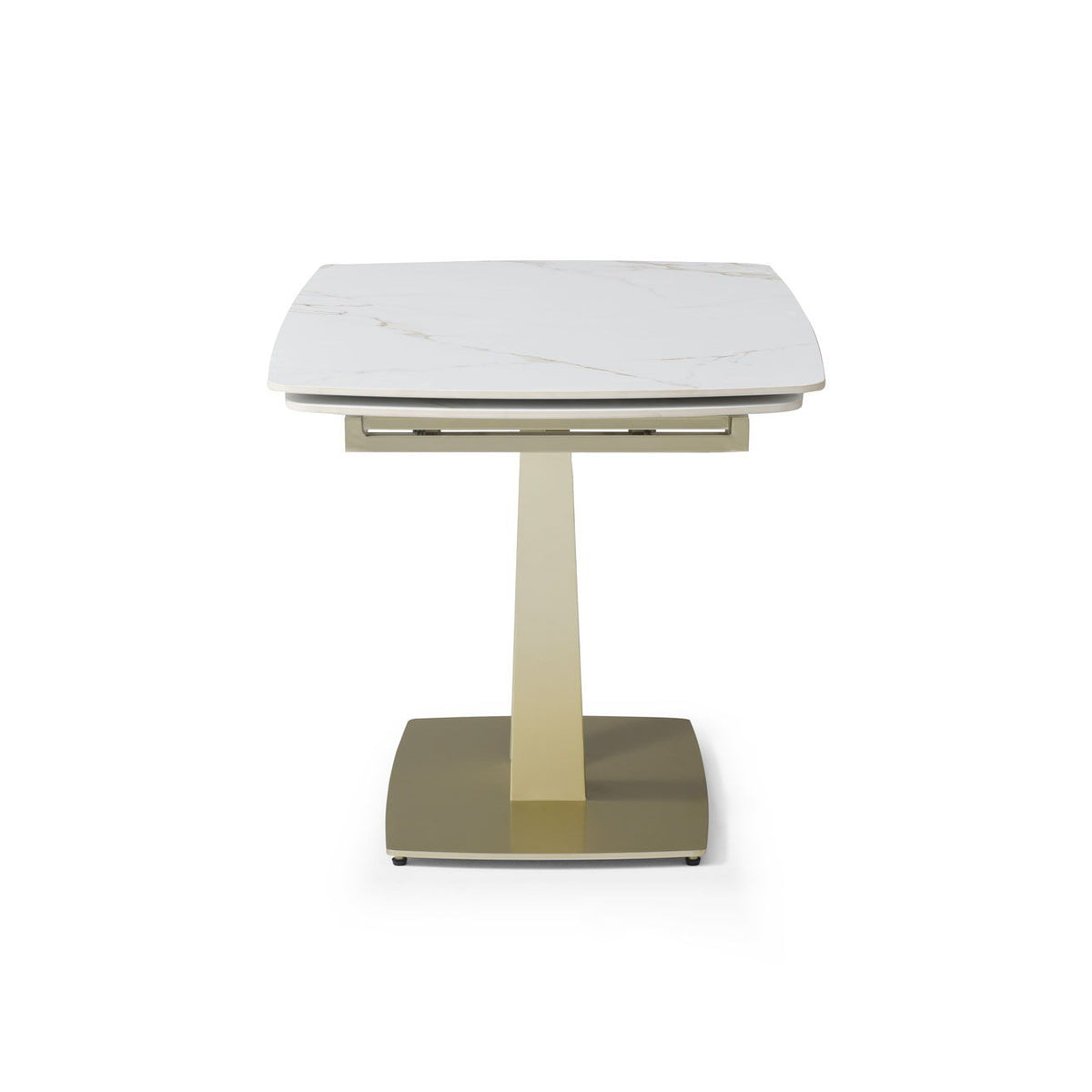 Dining table with white marble-look top and gold pedestal base, front angled view