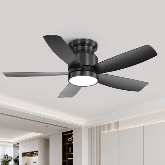 Flush Mount Ceiling Fan With 18W LED Light And Remote Control Blades - Black