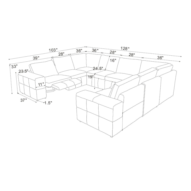 Upholstered Large Arms Sectional With Recliner Seats