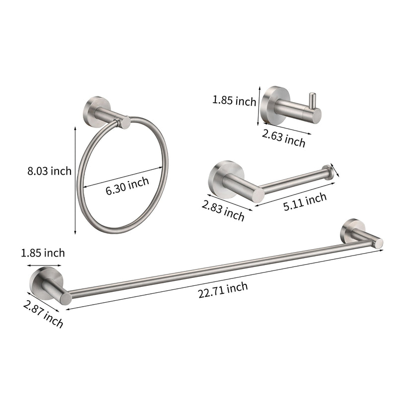 Bathroom Set 4 Pack With Towel Bar Racks, Toilet Paper Holder, Ring, Hook, Stainless Steel - Brushed Nickel