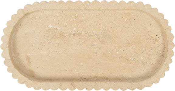 Travertine tray top view, light beige with scalloped edges
