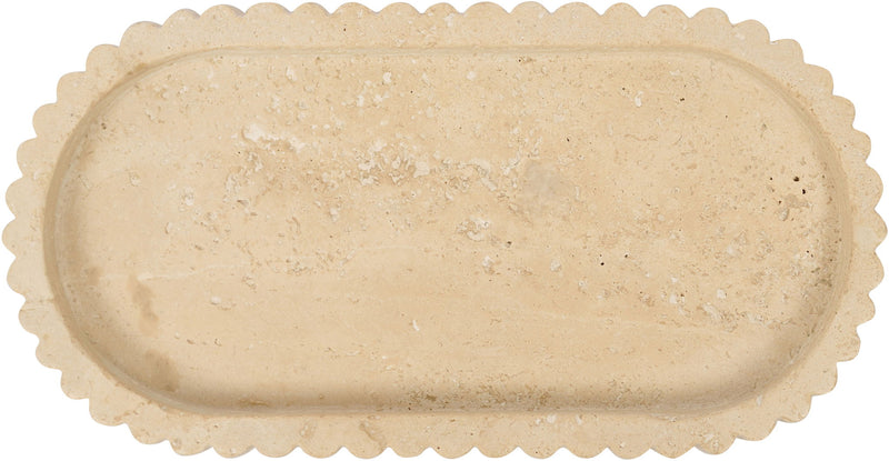 Travertine tray top view, light beige with scalloped edges