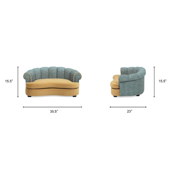 Blue patterned dog sofa bed with rolled arms; 35.5 in wide, 15.5 in high