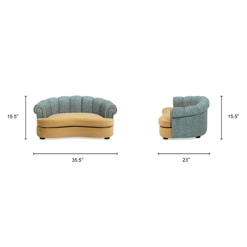 Blue patterned dog sofa bed with rolled arms; 35.5 in wide, 15.5 in high